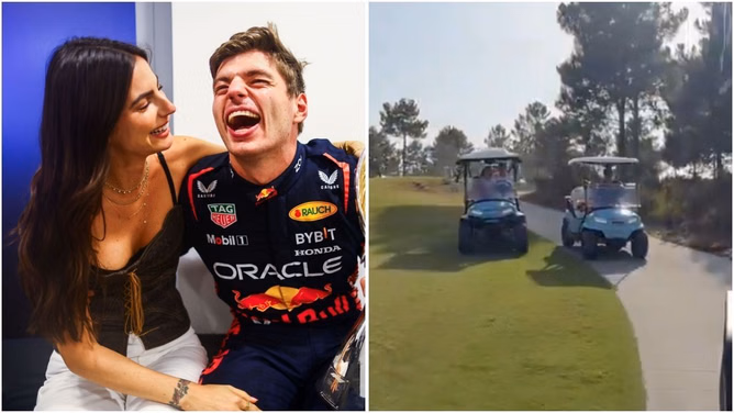 Watch: Kelly Piquet and Penelope Kvyat scream as Max Verstappen overtakes another golf cart