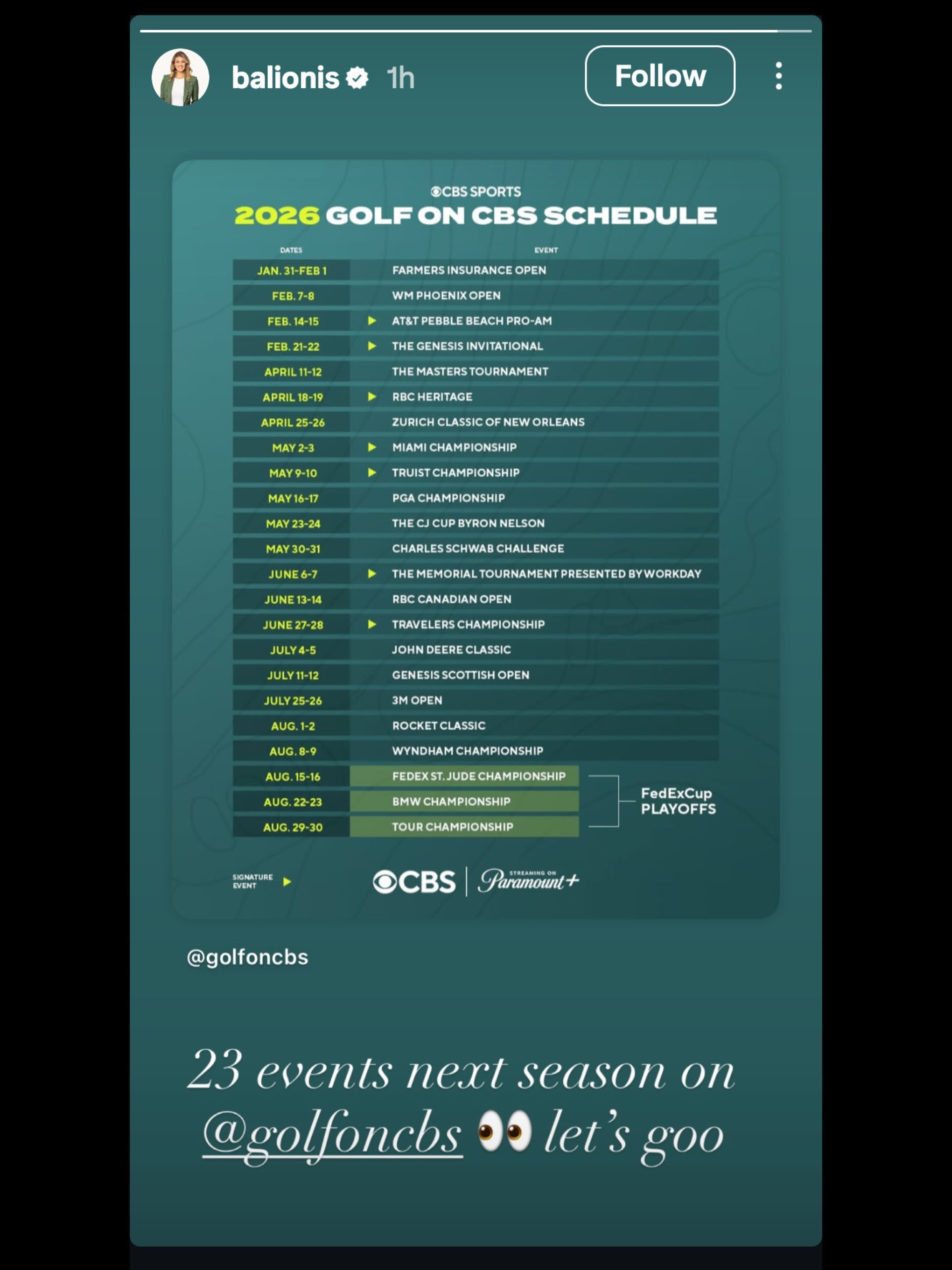Screenshot from Balionis&#039; Instagram story about 2026 PGA Tour events on CBS Golf / IG: @balionis