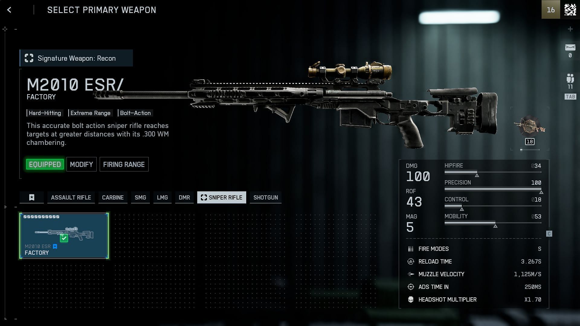 The stats and attributes of this M2010 ESR loadout (Image via Sportskeeda Gaming // EA)