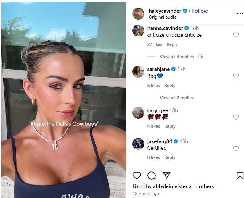 Hanna Cavinder, Jake Ferguson reacts to Haley Cavinder&#039;s &quot;I hate the Dallas Cowboys&quot; IG post. Image via @haleycavinder