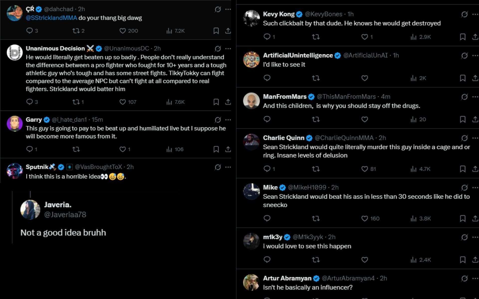 Fans react to HSTikkyTokky calling out Sean Strickland. [Screenshots courtesy: @HappyPunch on X]