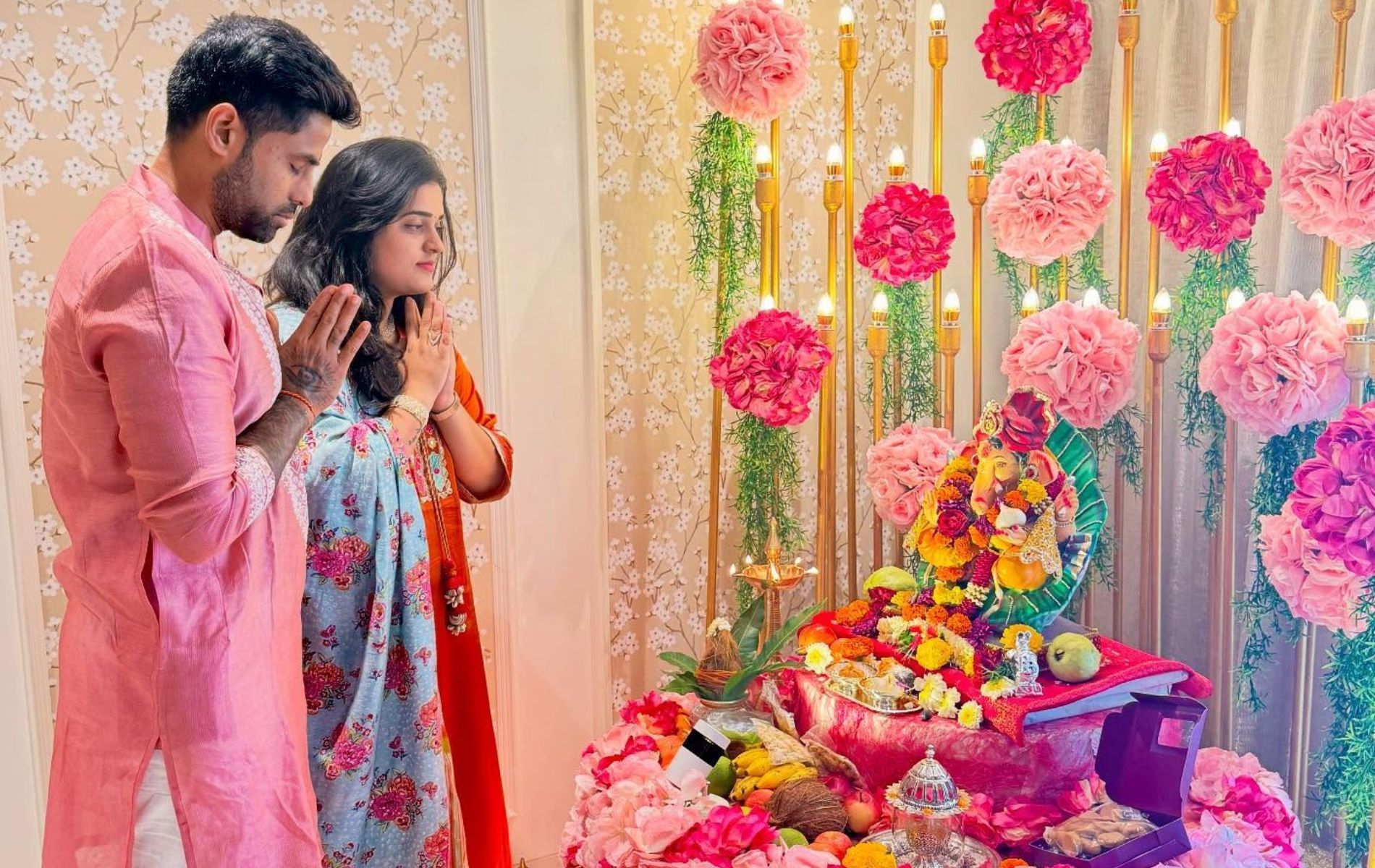 Suryakumar Yadav and Devisha Shetty sought blessings of Ganpati Bappa on Ganesh Chaturthi. (Pic: Instagram/surya_14kumar). 