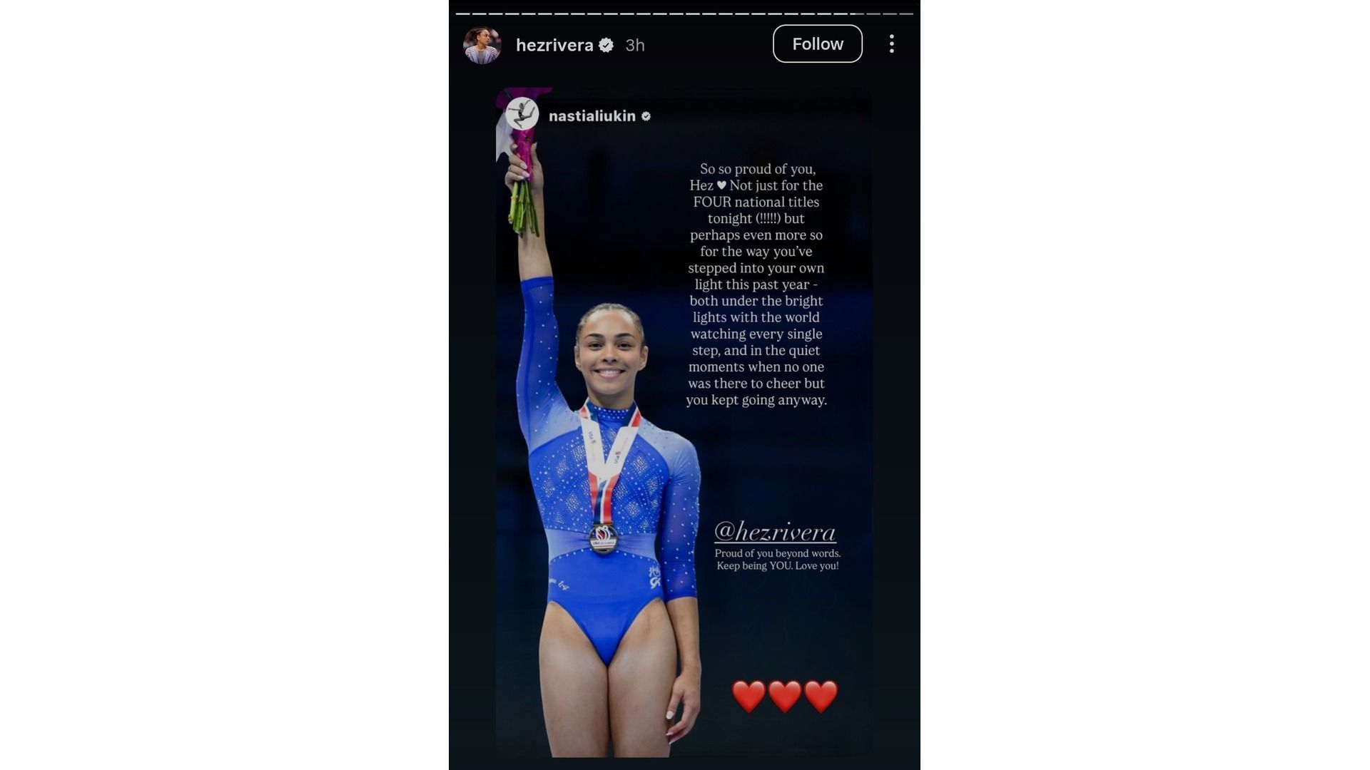 Liukin&#039;s message for Rivera (Image via: @hezrivera stories)