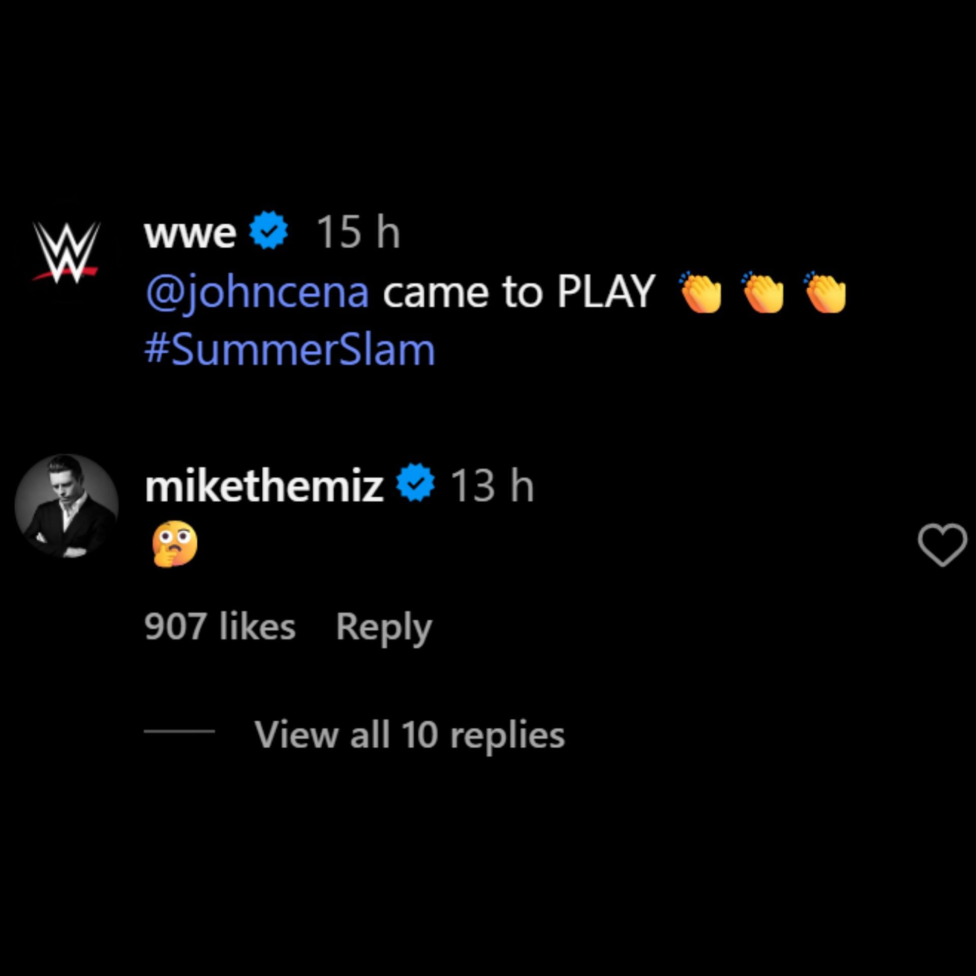 The Miz reacts to WWE using his catchphrase (Picture credits: WWE&#039;s Instagram post).