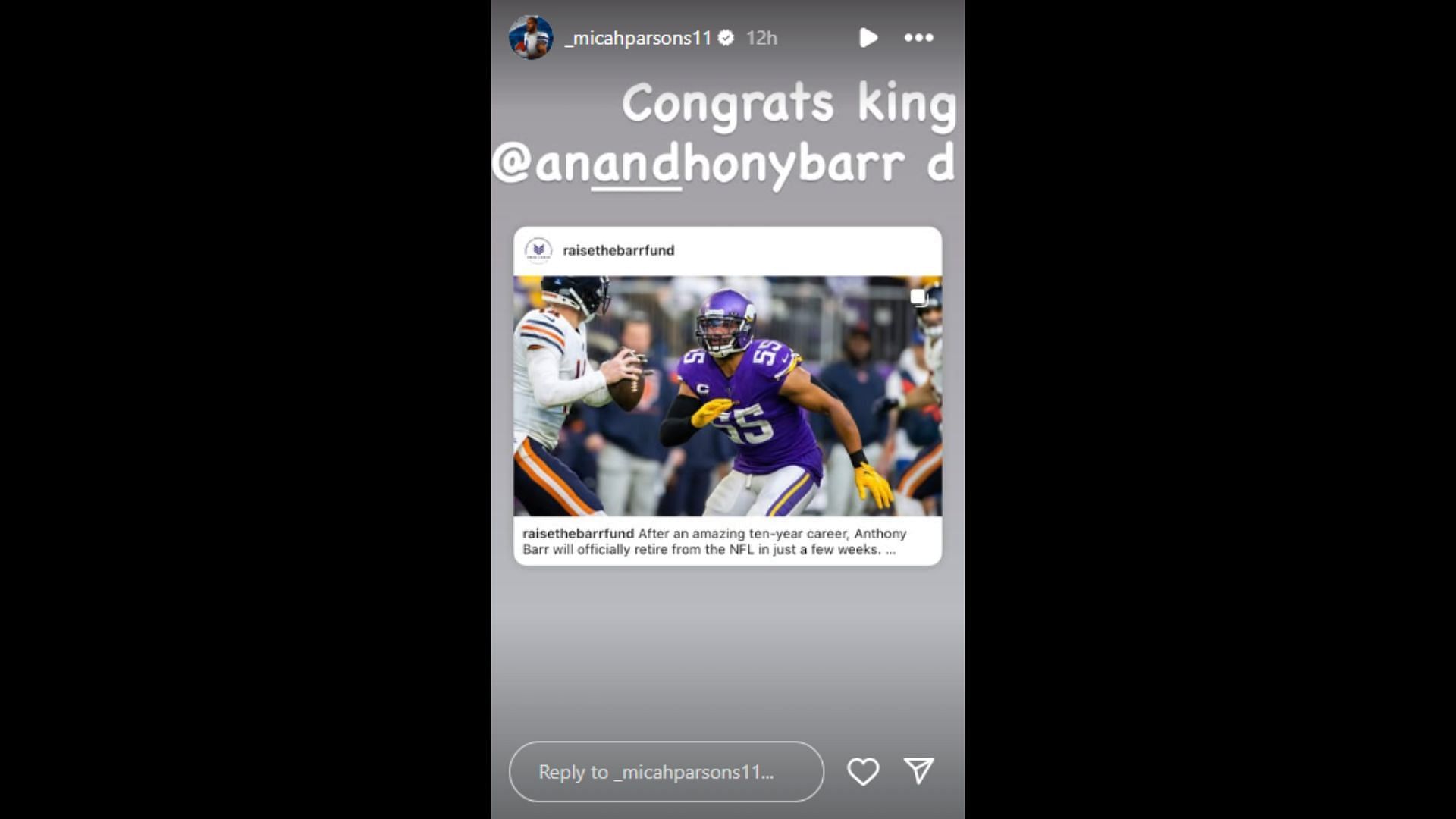 Parsons sent his congratulations to Anthony Barr during his retirement. (Photo via Micah Parsons Instagram Story)