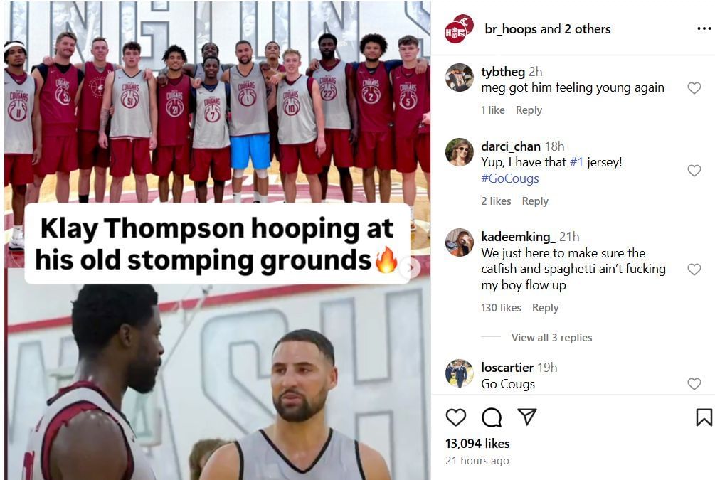 Fans react to Klay Thompson&#039;s visit to Washington State on IG. Image via @br_hoops