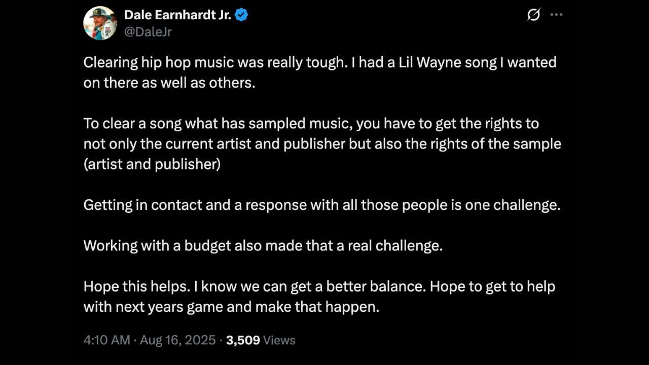 Dale Earnhardt Jr. responds to fan critique of NASCAR 25 soundtrack