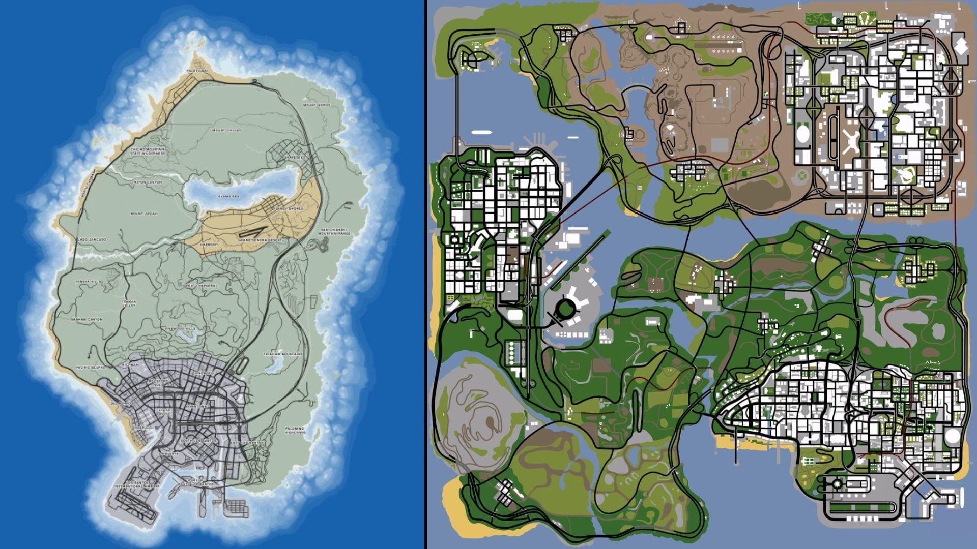 Grand Theft Auto 5&#039;s map vs Grand Theft Auto San Andreas&#039; map (Images via Rockstar Games || GTA Base || GTA Wiki)