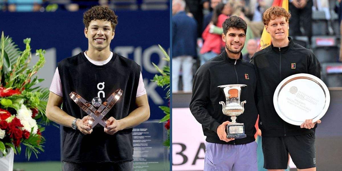 Ben Shelton (L) and Carlos Alcaraz with Jannik Sinner (R). (Photos: Getty)