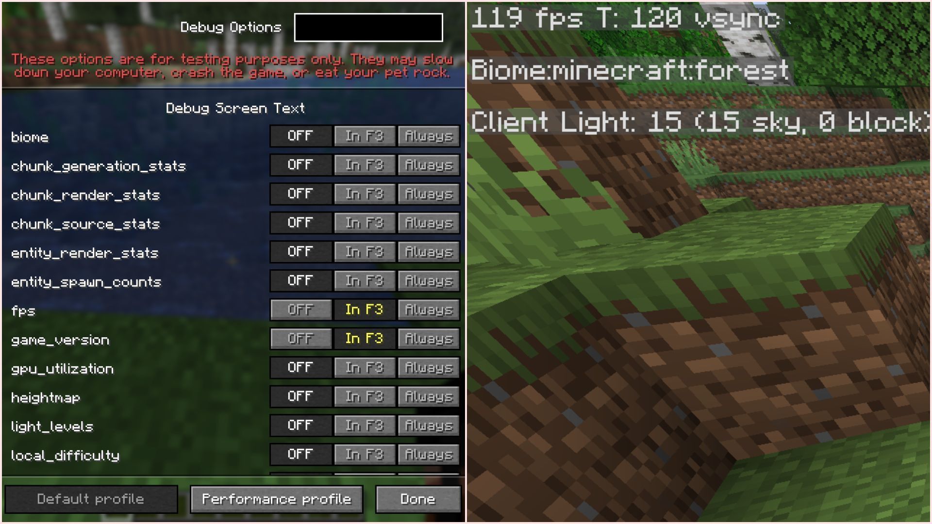 Debug screen gets a new customization option and look (Image via Sportskeeda Gaming || Mojang Studios)