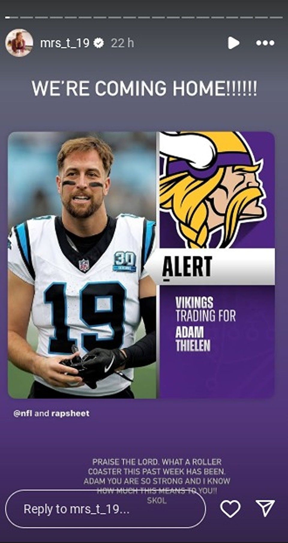 Adam Thielen&#039;s wife makes feelings known as All-Pro WR reunites with Vikings after 3 years/@mrs_t_19