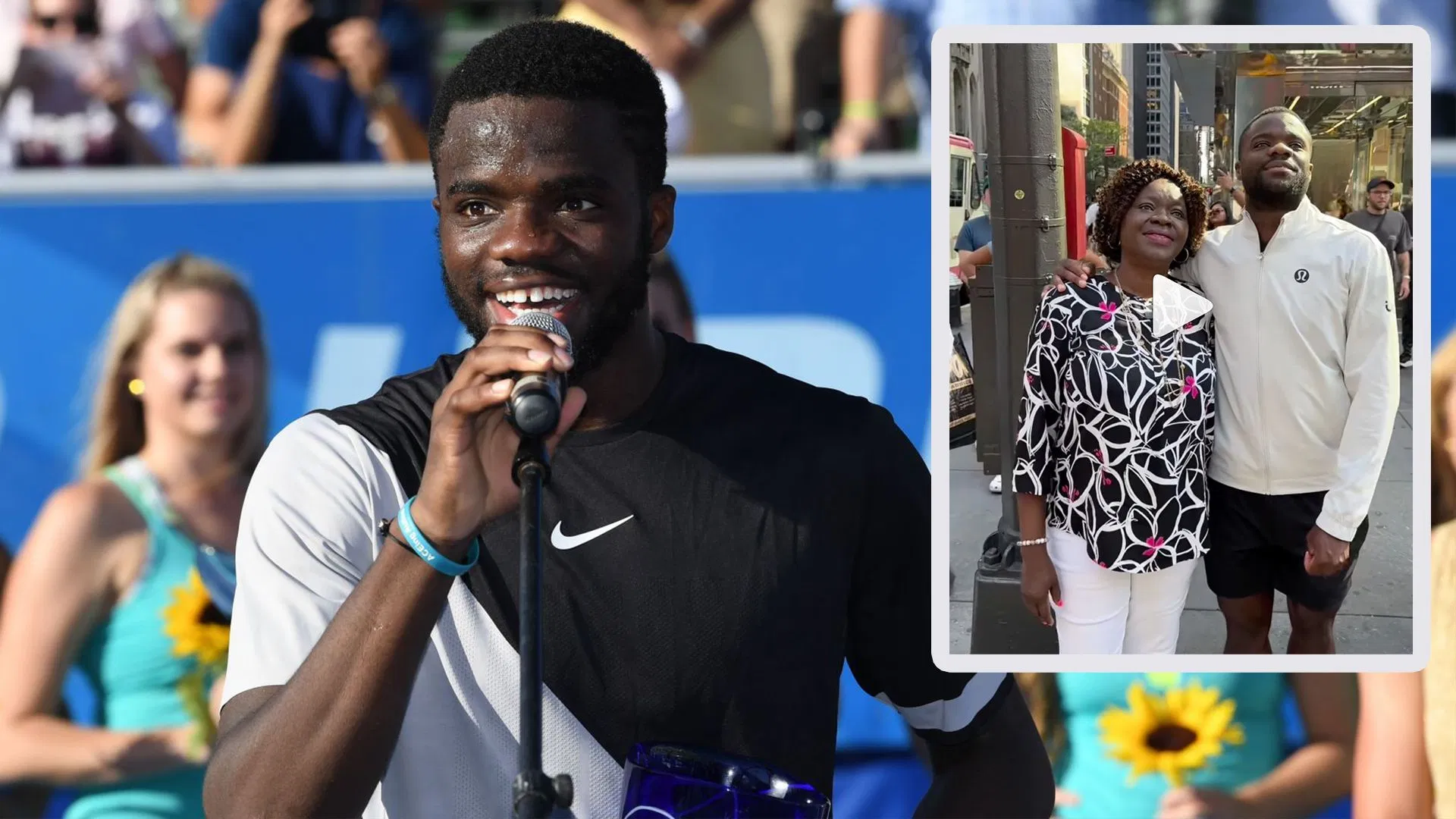 Frances Tiafoe (center) and with his mother (inset). Images: Getty and @bigfoe1998 on Instagram