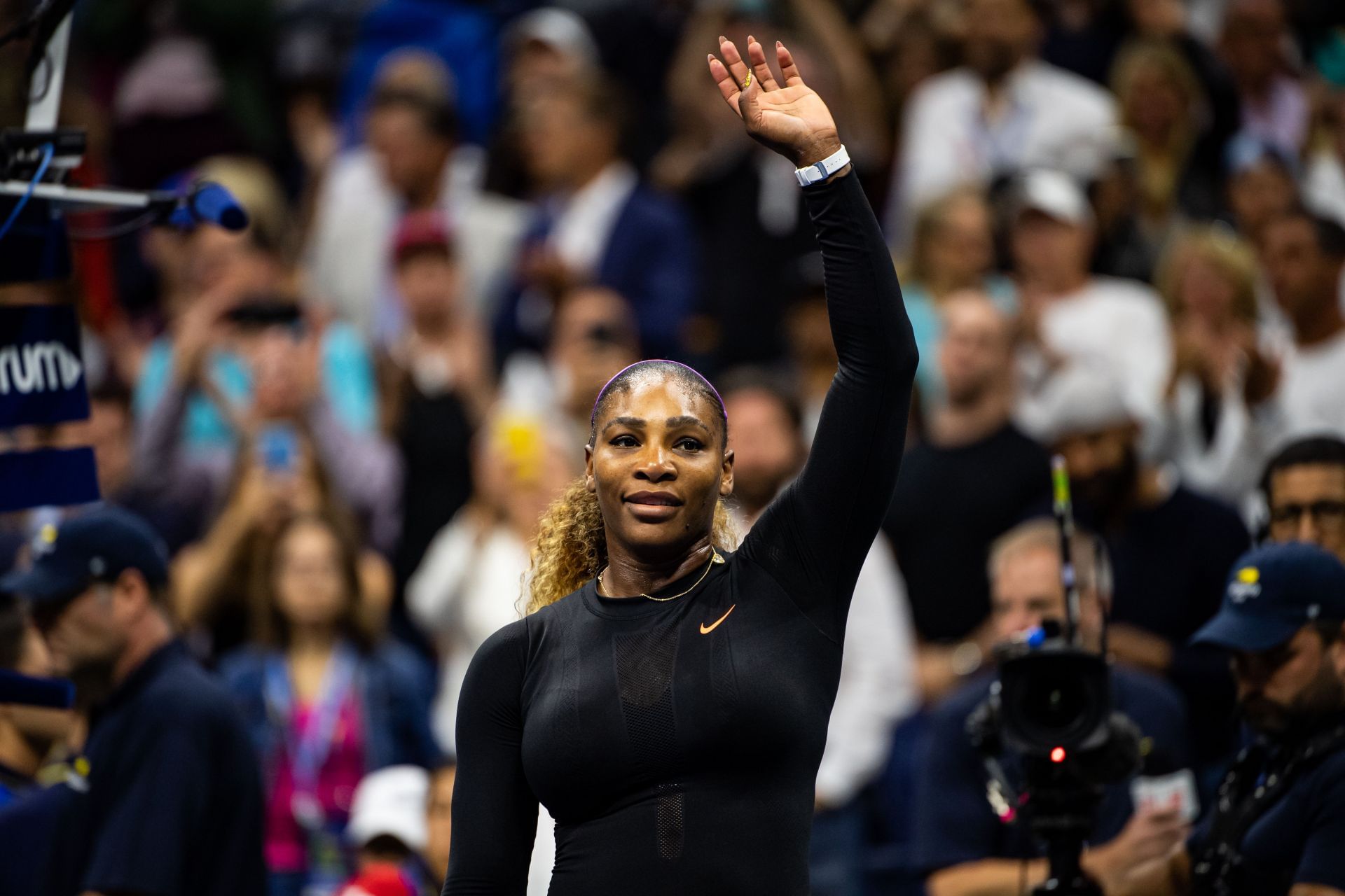 Serena Williams celebrates her victory against Maria Sharapova in the first round of the 2019 US Open (Source: Getty)