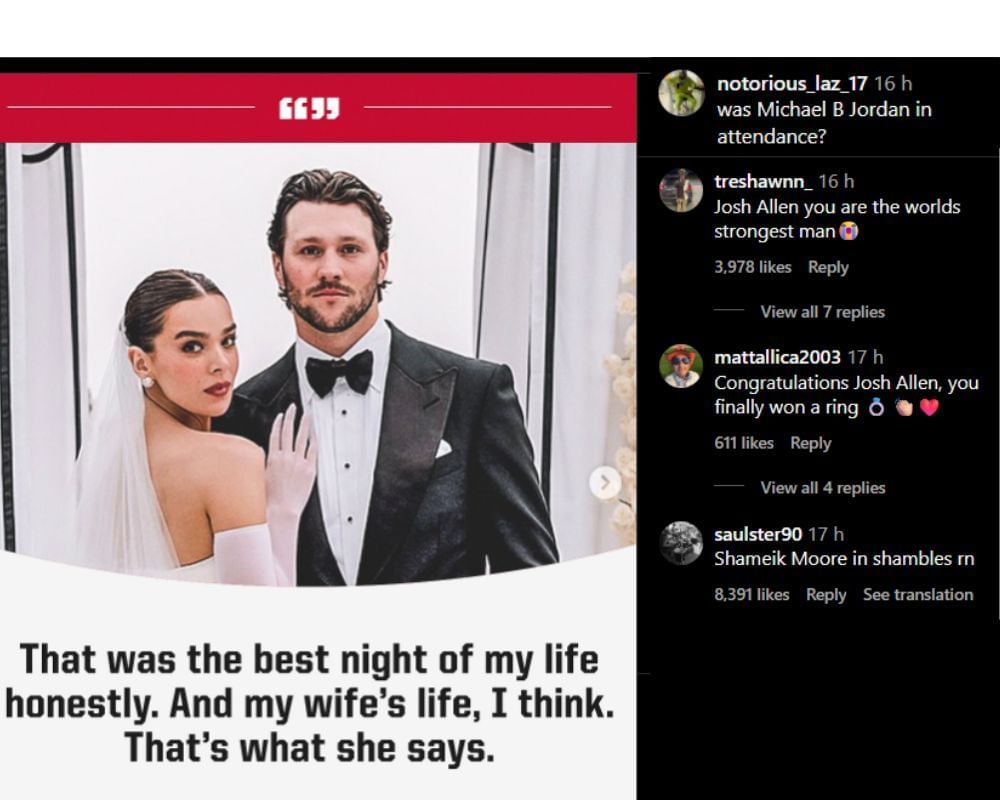 NFL fans react as Josh Allen swoons over Hailee Steinfeld while recalling his romantic wedding [IG/@espn]