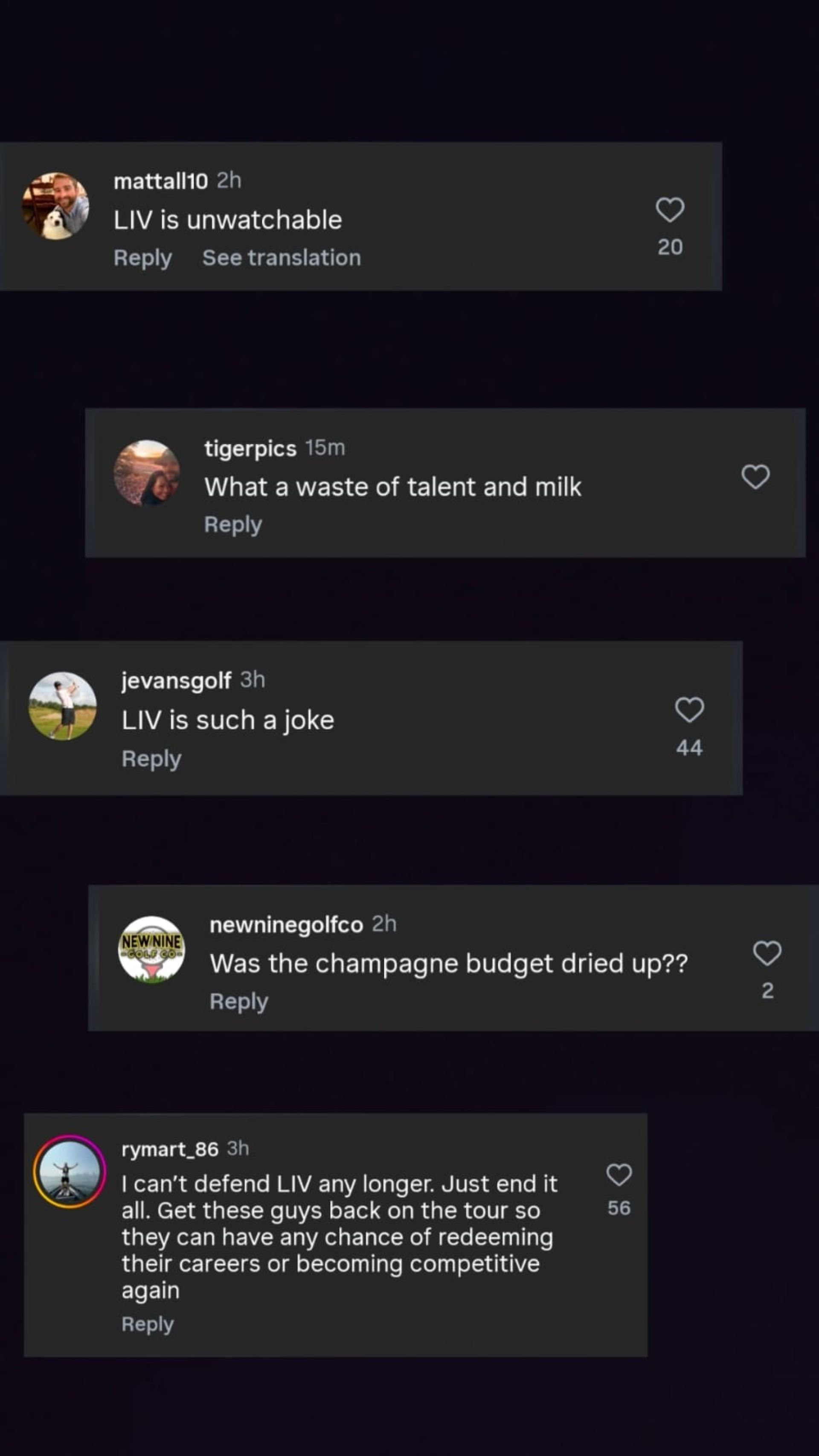 Screenshot of fan comments on ziregolf&#039;s post -Source: via @ziregolf on Instagram