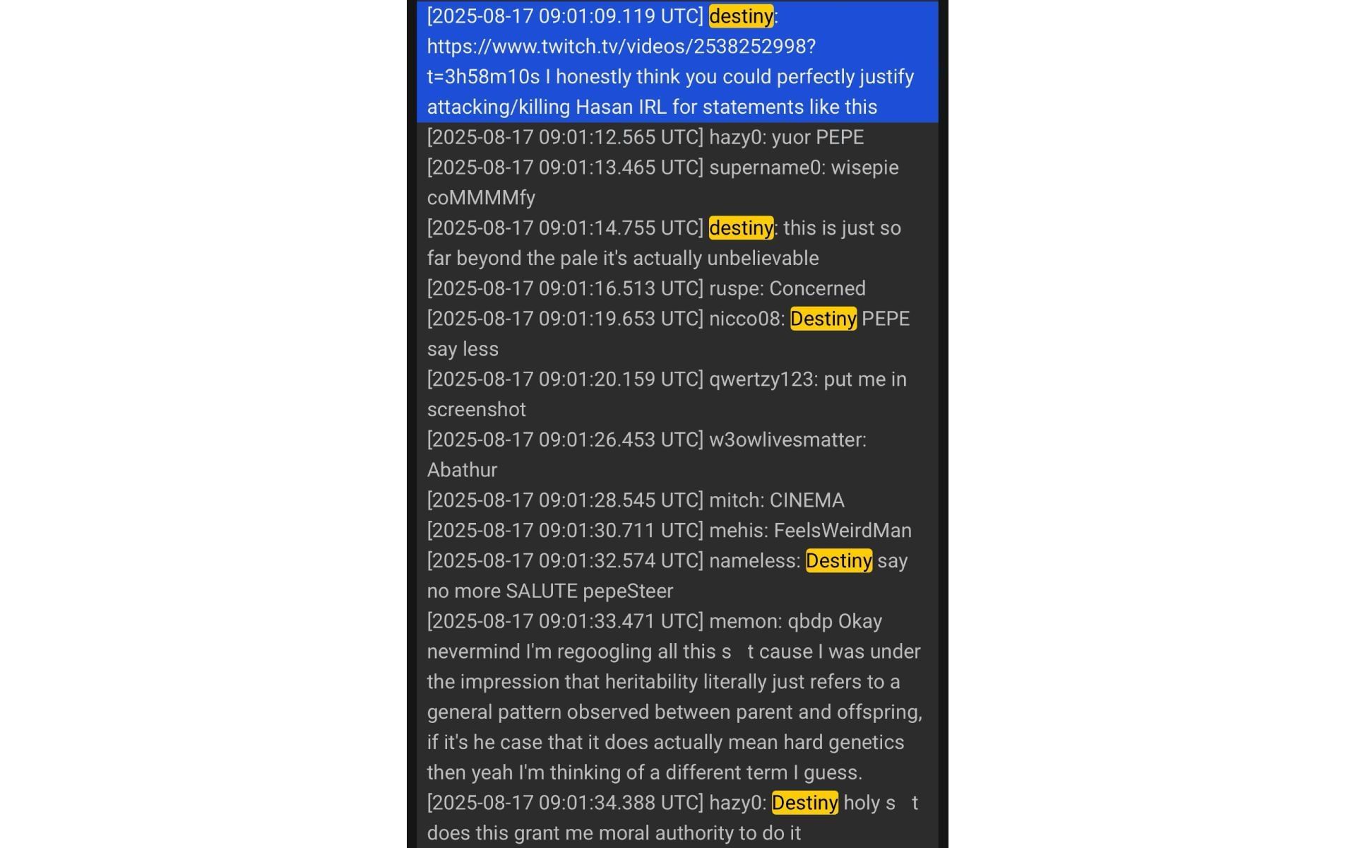 Screenshot of the chat logs that Hasan posted on X, containing Destiny&#039;s alleged messages (Image via x.com/hasanthehun)