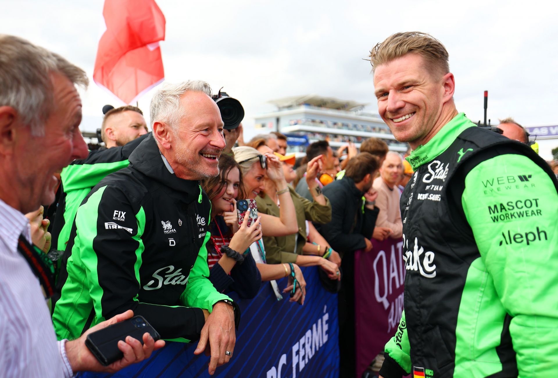 Jonathan Wheatley, Team Principal of Stake F1 Team Kick Sauber and Third placed Nico Hulkenberg of Germany talk in parc ferme during the F1 Grand Prix of Great Britain - Source: Getty Images