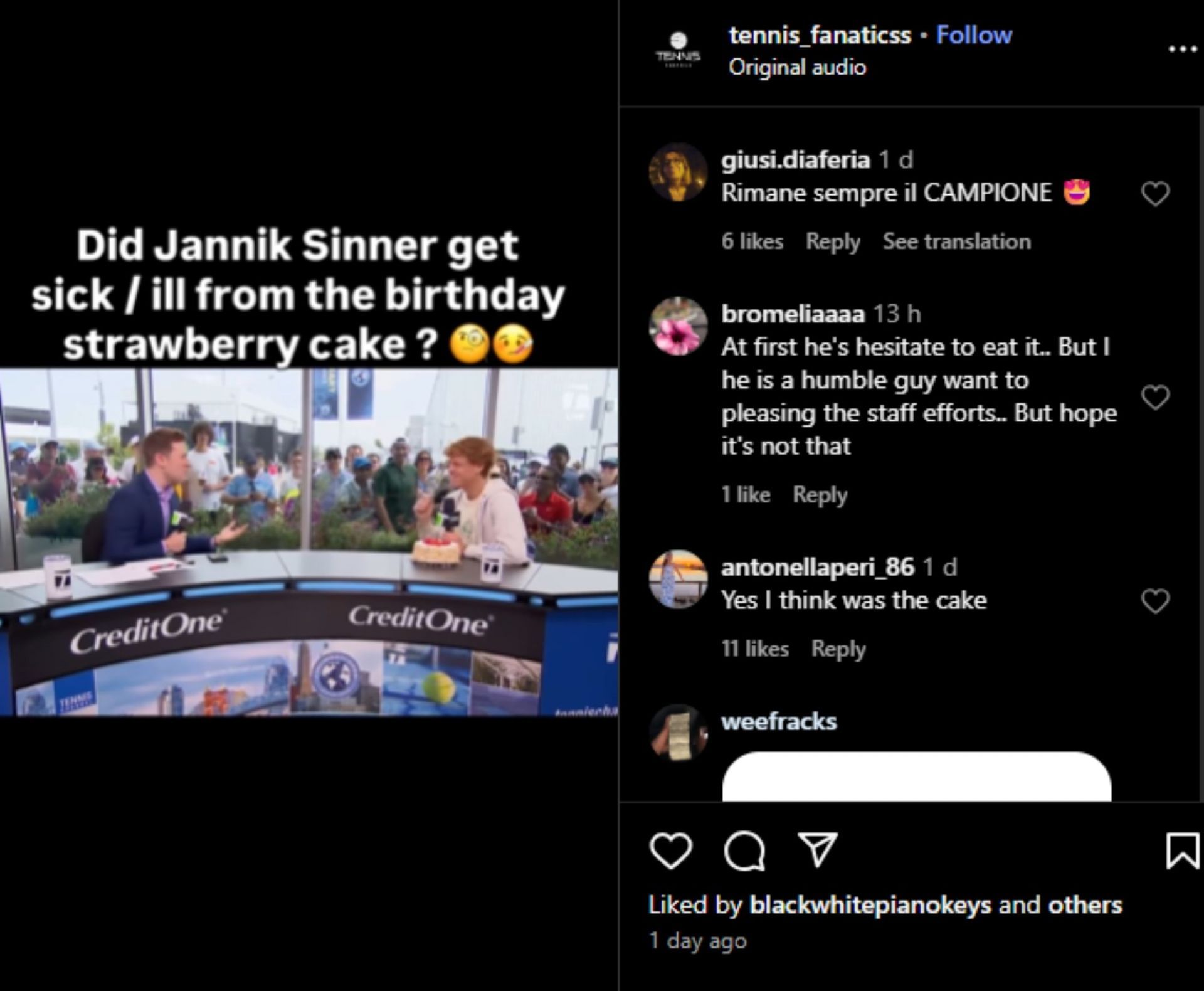 Fan comment about Sinner&#039;s health; Instagram - @tennis_fanatics