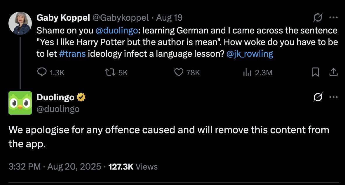 Screenshot from Duolingo and Gaby Koppel (Image credits: X.com/@GabyKoppel and @duolingo)