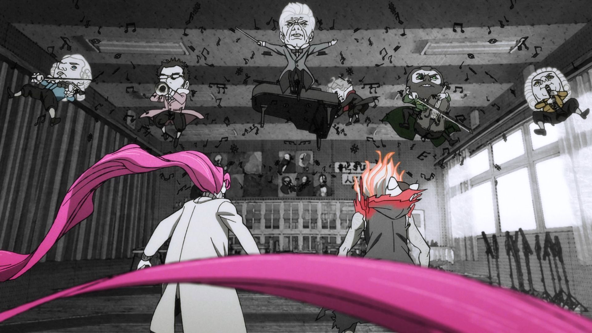 Okarun and Aira face the music room tulpas (Image via Science SARU)