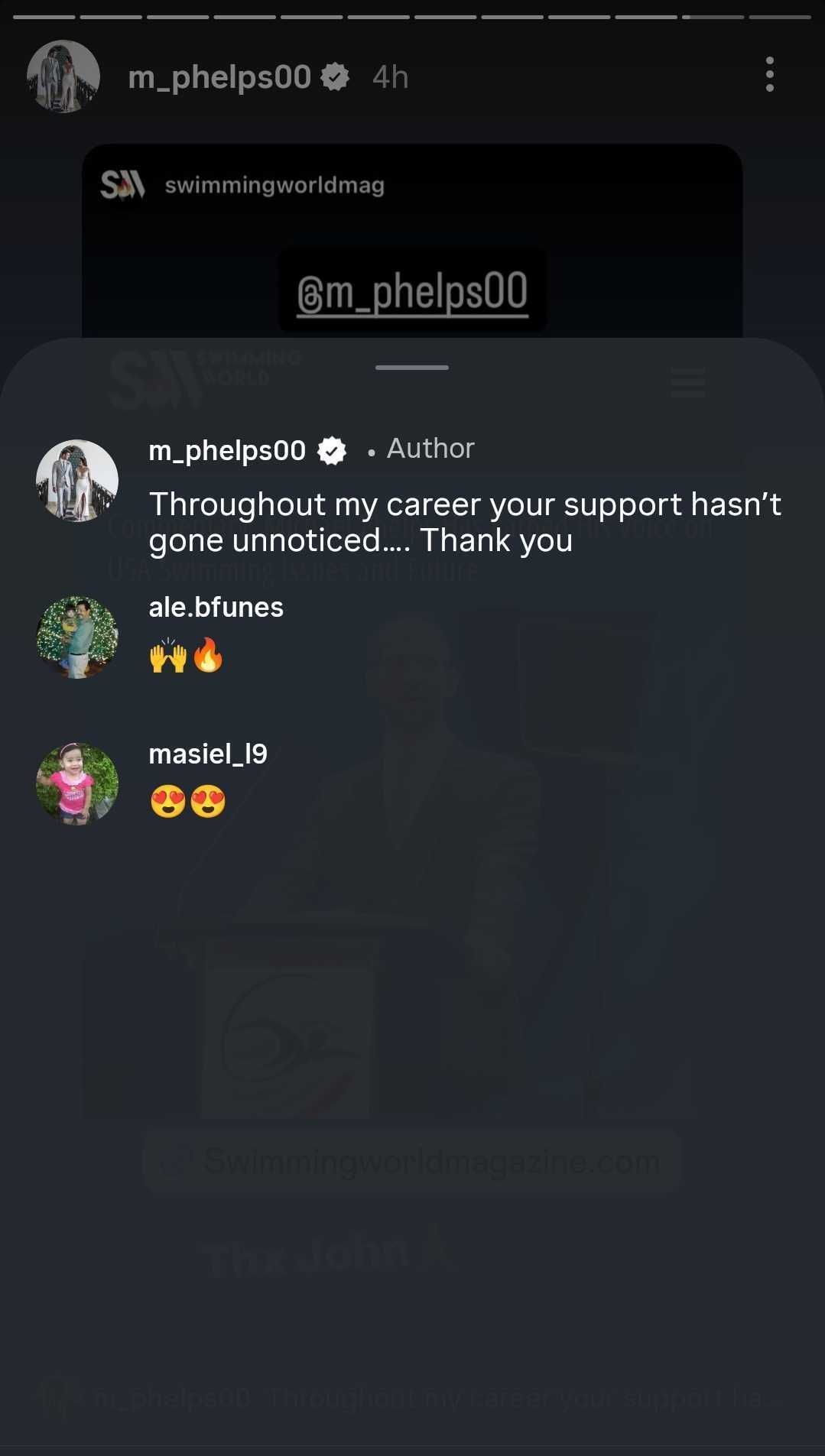 Screenshot of Phelps&#039; reaction to Instagram story.