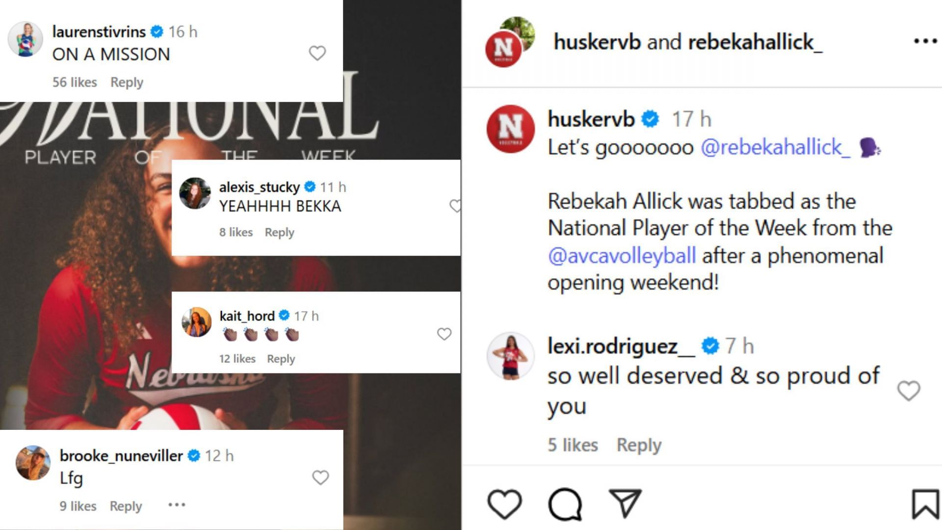 Screenshot of comments (IG/@huskervb &amp; rebekahallick)
