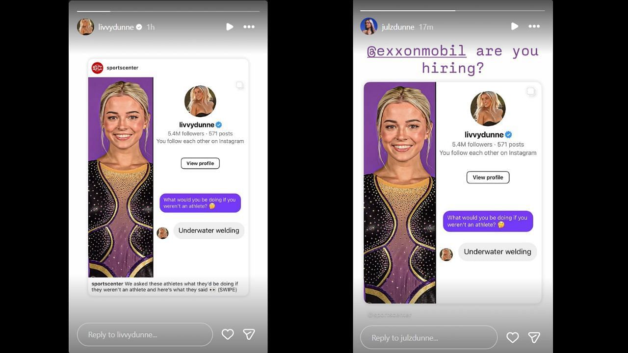 Screenshot of Olivia Dunne and her sister Julz&#039;s Instagram Stories (Images from - Instagram.com/@livvydunne IG Stories, Instagram.com/@julzdunne IG Stories)