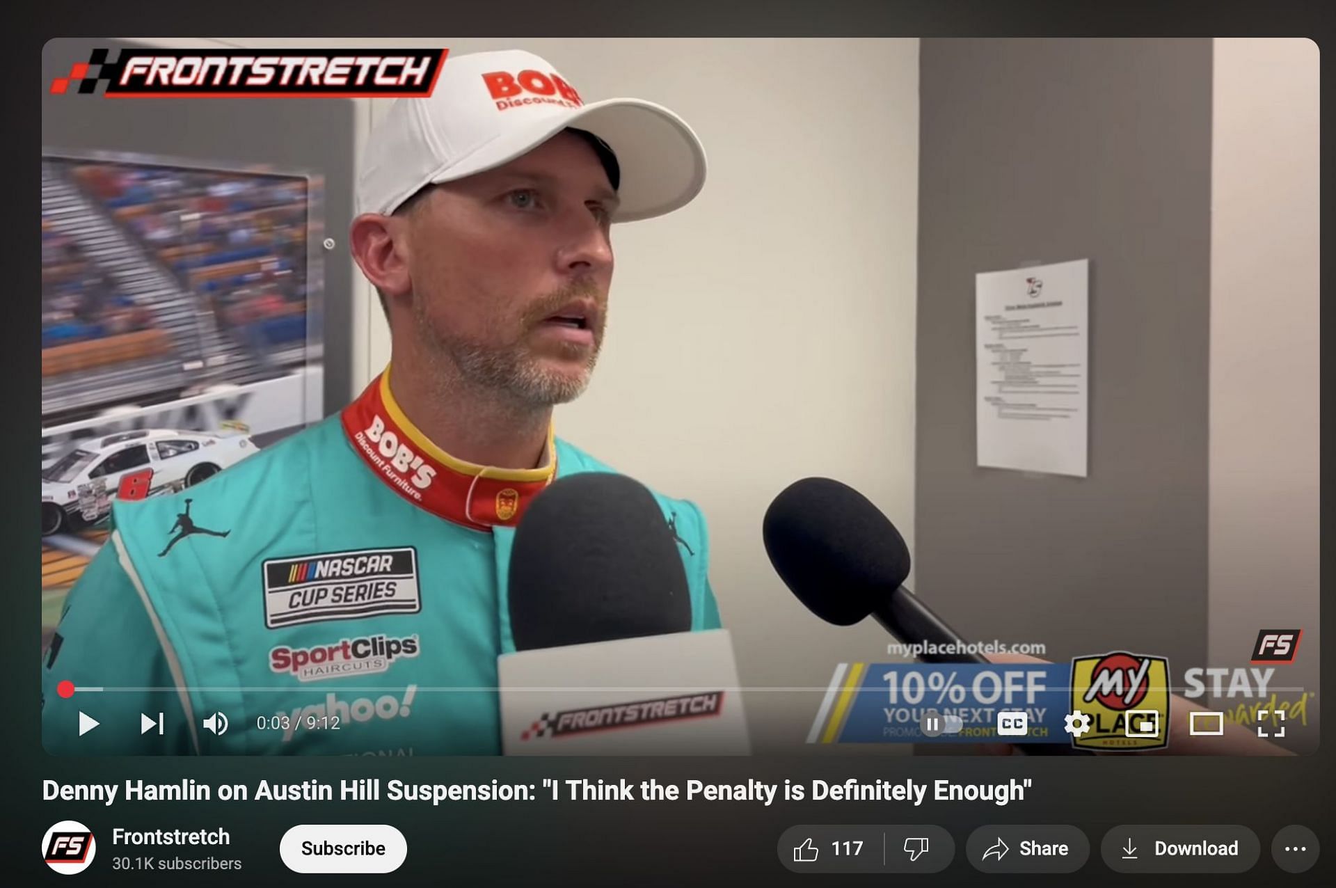 Denny Hamlin backs Austin Hill&#039;s penalty. Source: @Youtube/Frontstretch