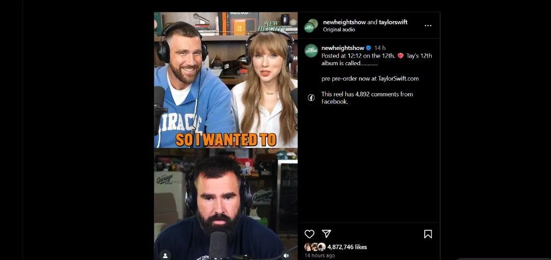 Taylor Swift announced her album on Travis Kelce&#039;s podcast (Photo via Instagram/@newheightshow)