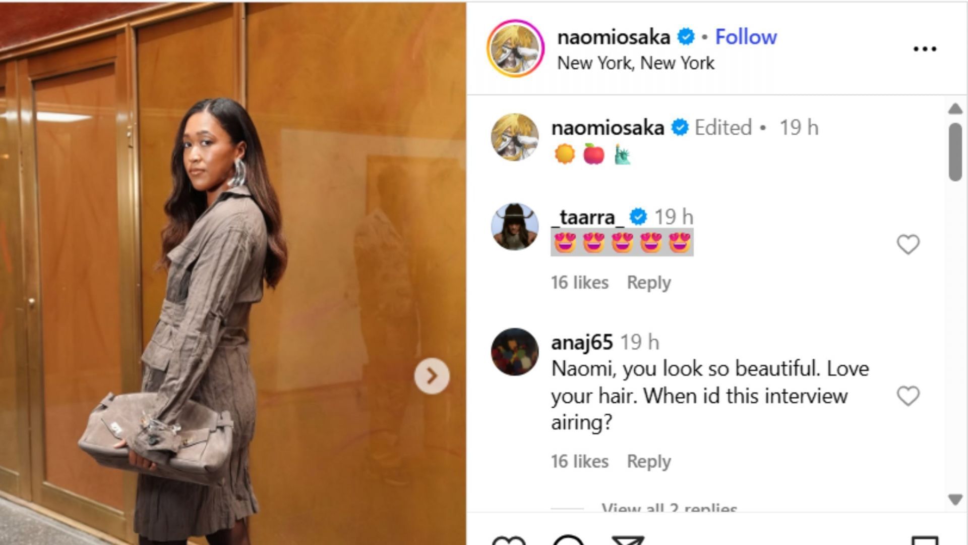Screenshot of comment (via IG/@naomiosaka).