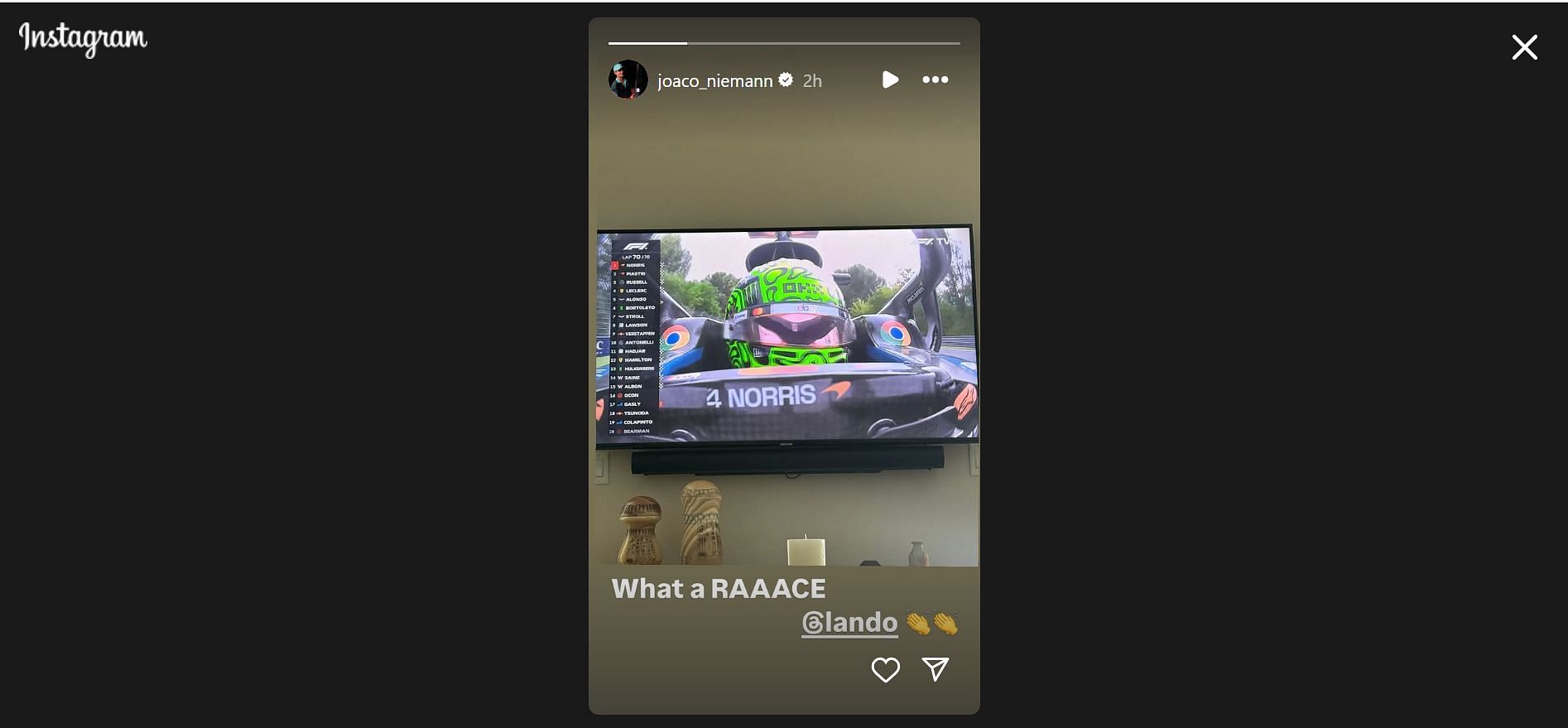 Still taken from Niemann&#039;s Instagram story (Image Credit: Instagram @joaco_niemann)