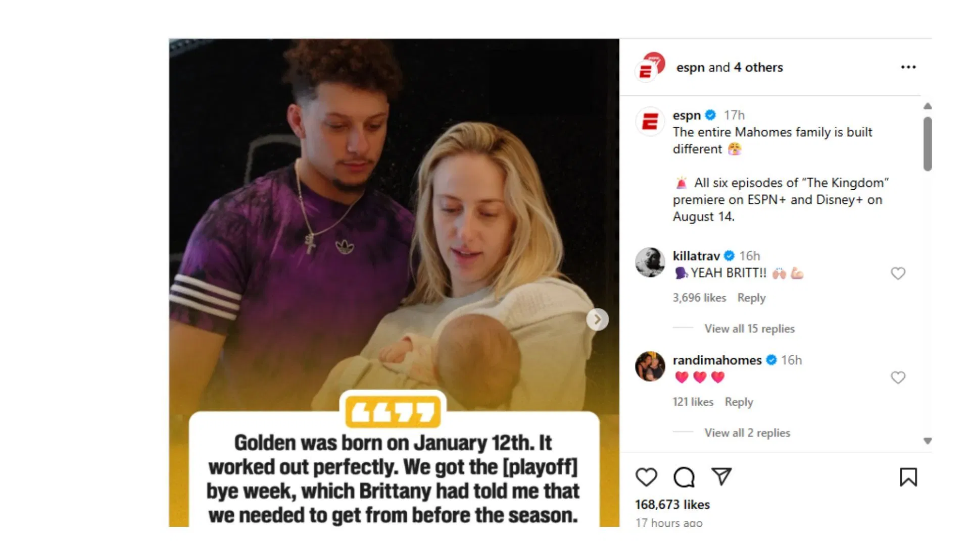 Travis Kelce commented on the post, getting credit to Brittany Mahomes. (Comment via ESPN&#039;s Instagram post)