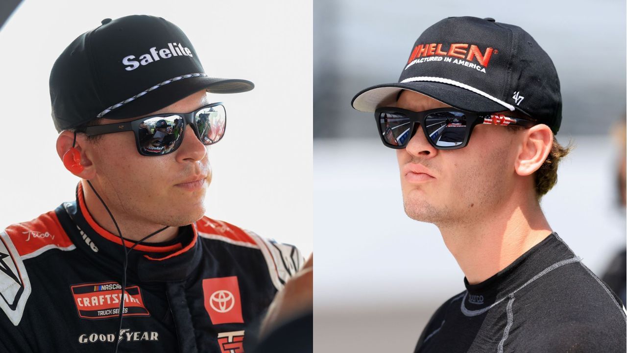 A side-by-side image of (Left) INDIANAPOLIS, INDIANA - JULY 25: Corey Heim, driver of the #11 Safelite Toyota, looks on during practice for the NASCAR Craftsman Truck Series TSport 200 at Lucas Oil Indianapolis Raceway Park on July 25, 2025 in Indianapolis, Indiana. Source: Getty; Jesse Love, driver of the #2 Whelen Chevrolet, looks on during qualifying for the NASCAR Xfinity Series Pennzoil 250 at Indianapolis Motor Speedway on July 26, 2025 in Indianapolis, Indiana. (Photo by Justin Casterline/Getty Images)