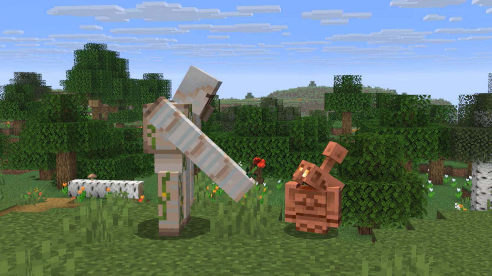 Iron golem can occasionally plant a poppy on a copper golem (Image via Mojang Studios)