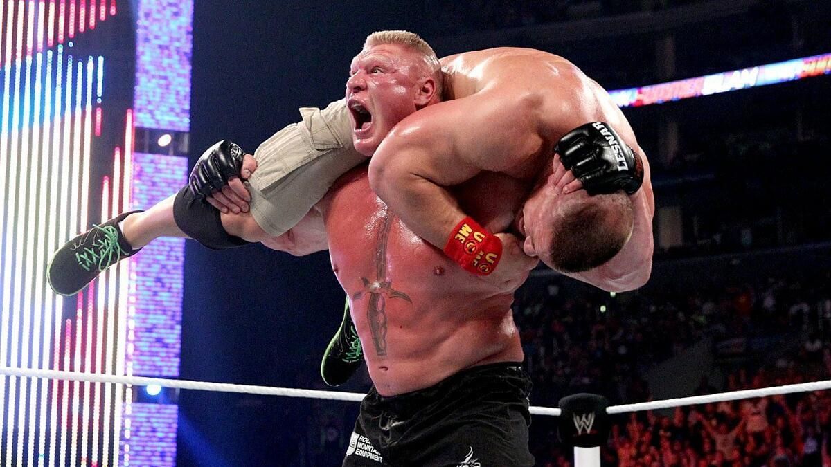 Brock Lesnar &amp; John Cena in a match in WWE (Image via WWE.com)
