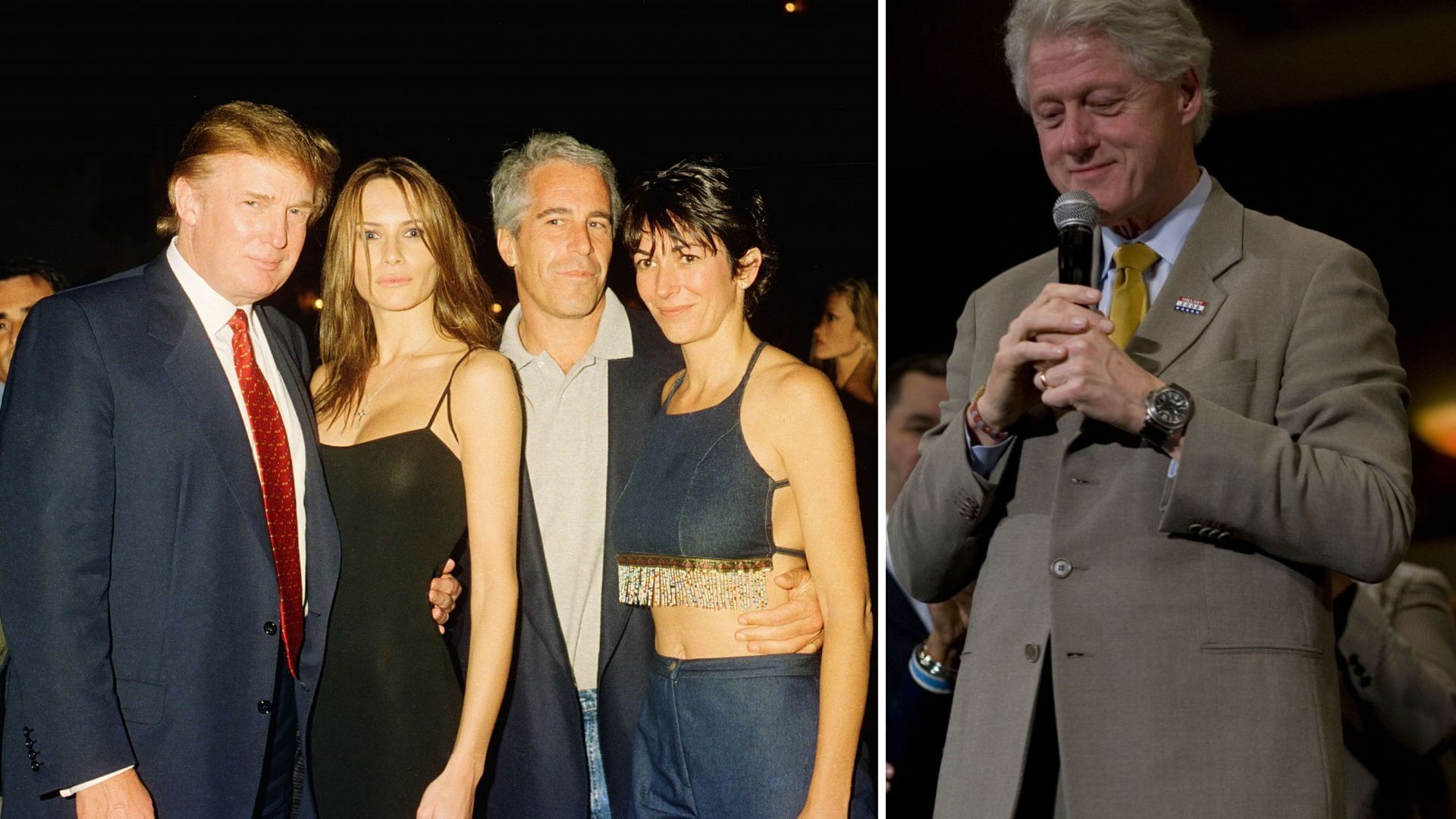 Donald Trump, Melania Knauss,Jeffrey Epstein, Ghislaine Maxwell, and Bill Clinton (Image via Getty)