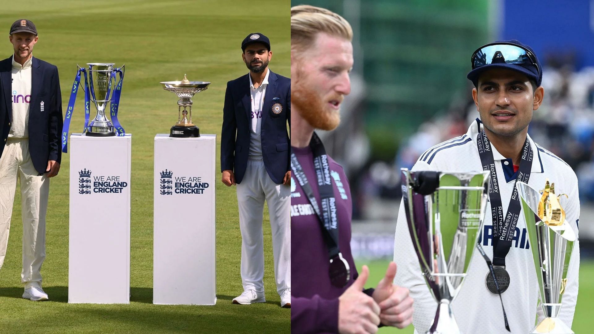 Captains posing with the trophy during England vs India Test series in 2021 and 2025 - Image Credits: Both Getty
