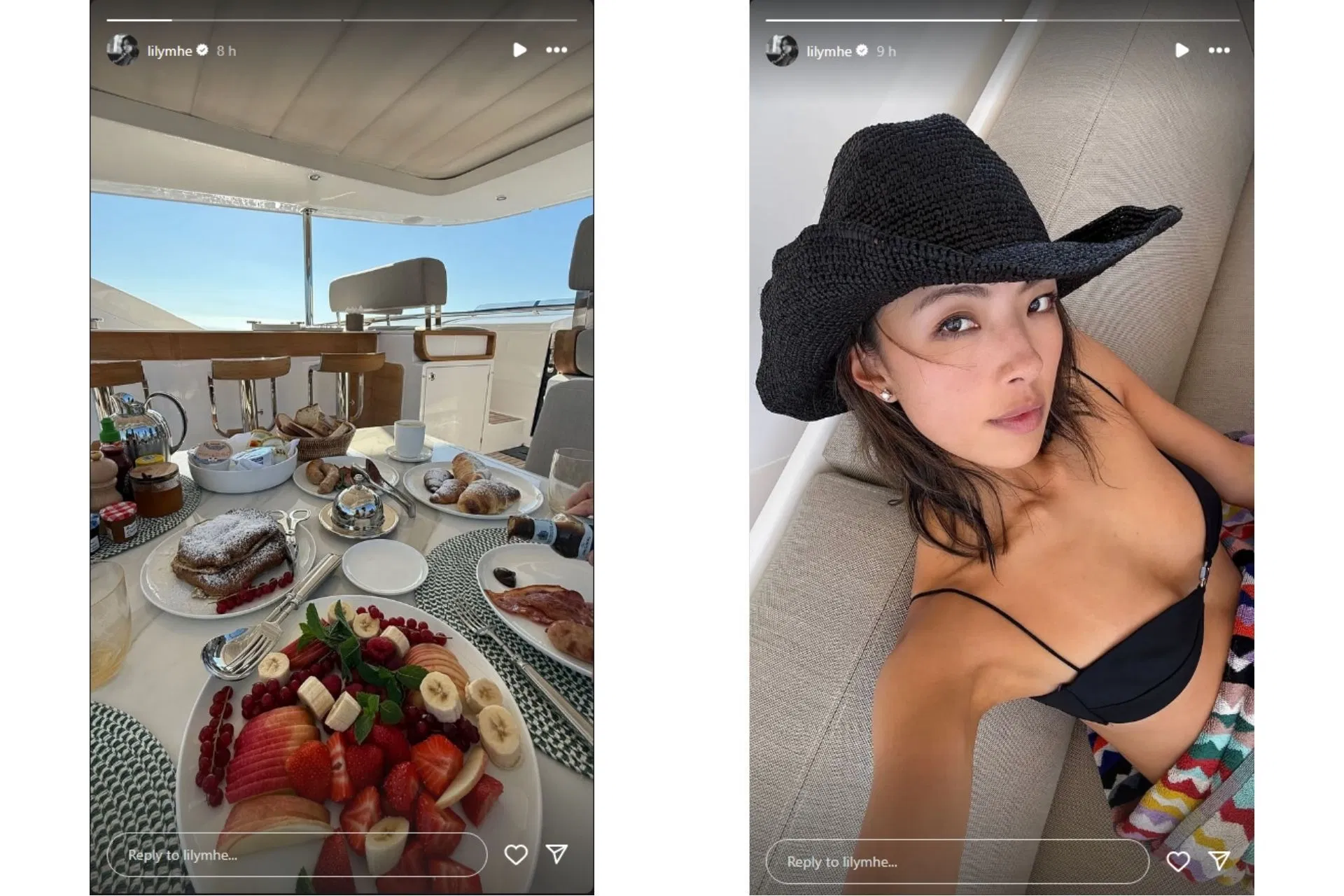 Lily Muni He enjoys her vacation on her yacht (Images from @lilymhe on Instagram)