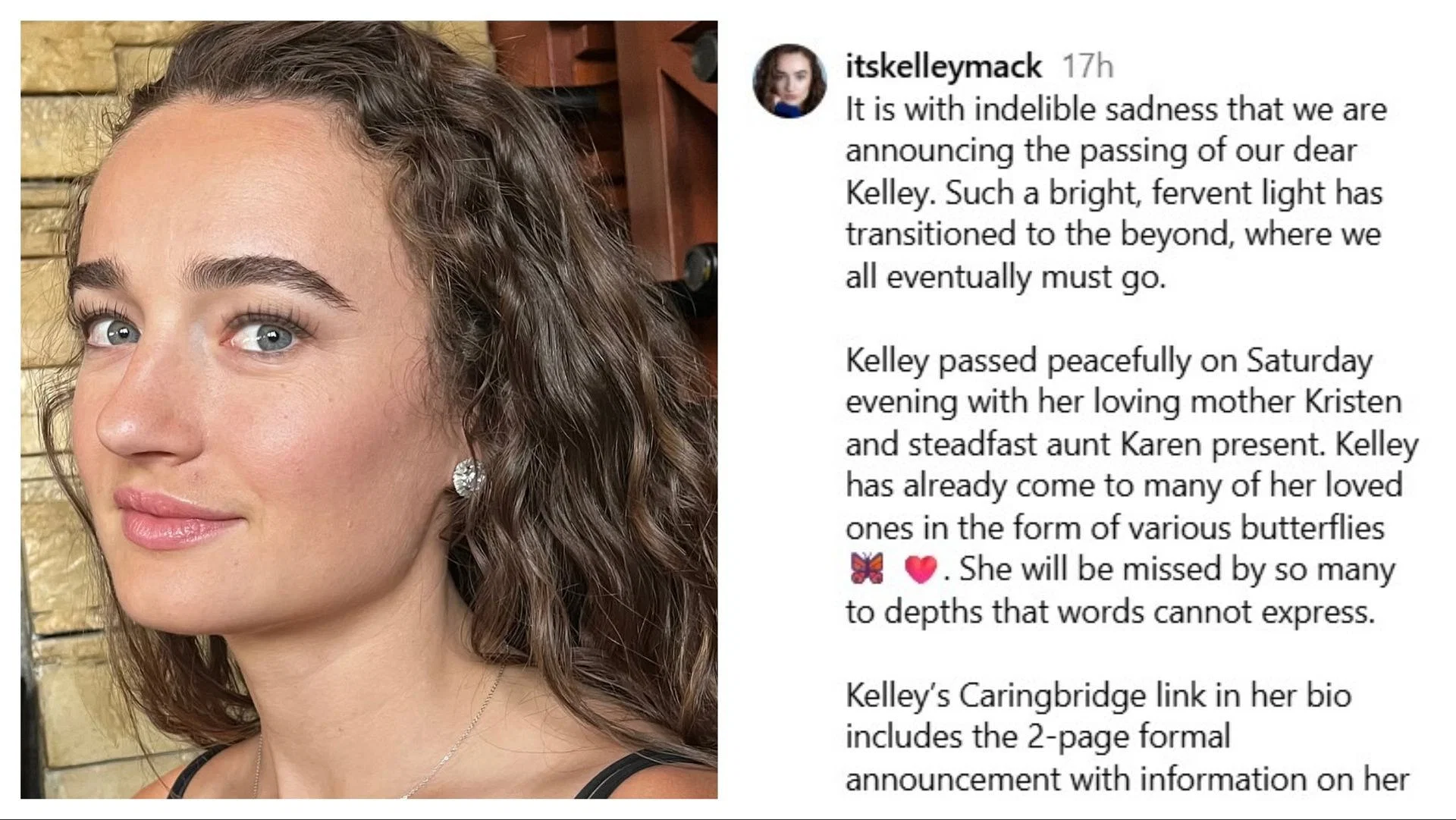 Kelley&#039;s sister announces her passing (Image via Instagram/@itskelleymack)