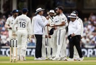 Umpire Kumar Dharmasena talks to Prasidh Krishna after his verbal exchange with Joe Root on Day 2 at The Oval - Source: Getty
