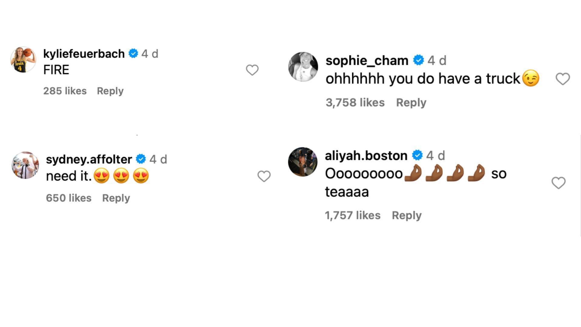 Kylie Feuerbach, Sophie Cunningham, Aliyah Boston and others react as Caitlin Clark Unveils logo - Image source: Instagram/caitlinclark22