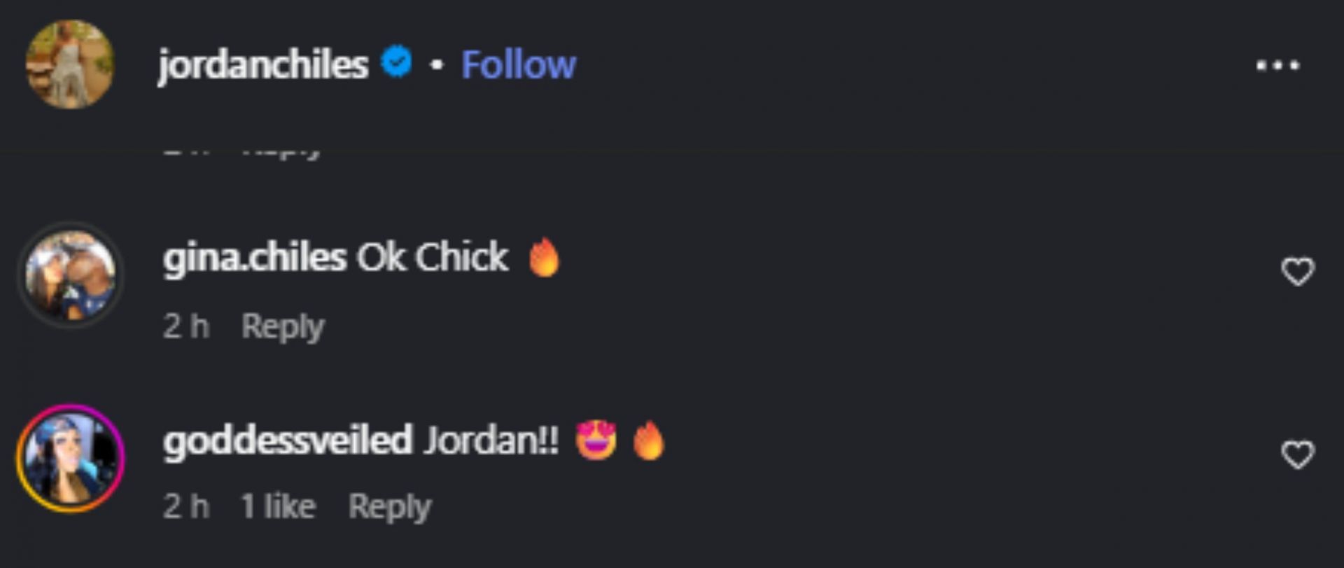 Screengrab of Gina Chiles&#039; comment on Jordan Chiles&#039; post [Image Source: Jordan Chiles&#039; Instagram]