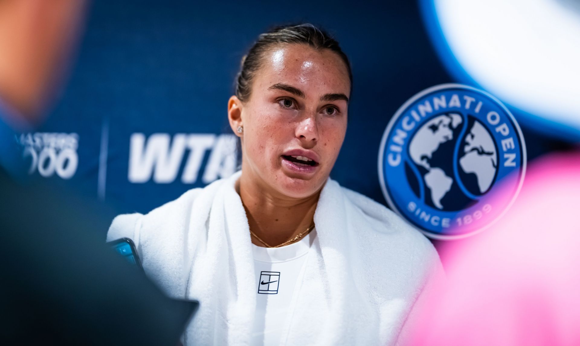 Aryna Sabalenka talks to the media after defeating Jessica Bouzas Maneiro of Spain in the fourth round on Day 7 of the Cincinnati Open at Lindner Family Tennis Center on August 13, 2025, in Mason, Ohio - Source: Getty