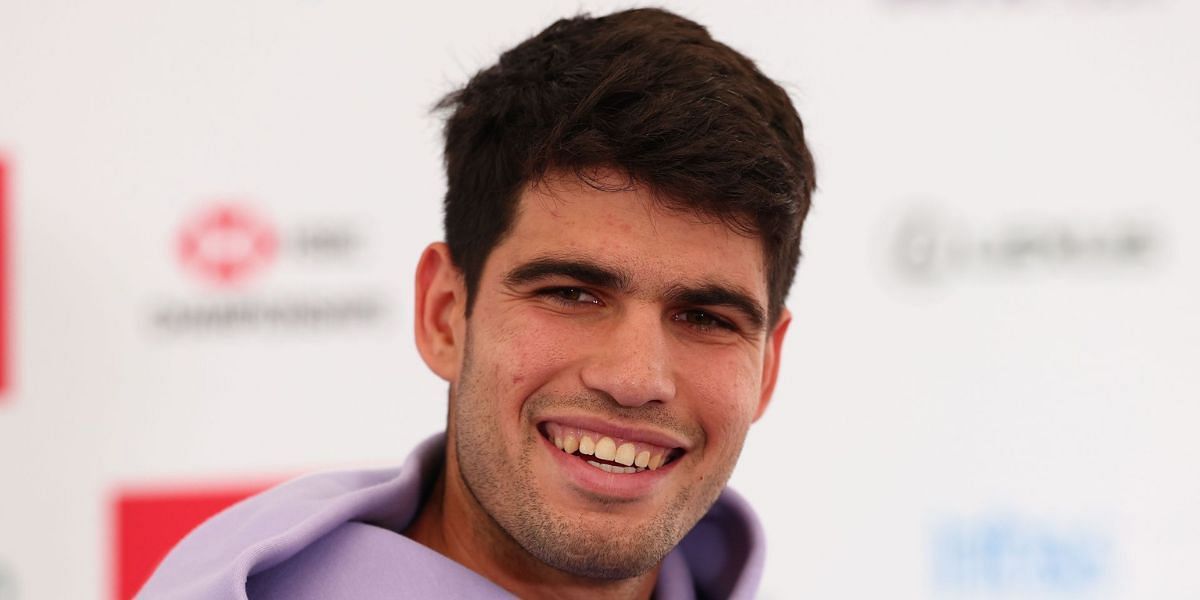 Carlos Alcaraz at a press conference at the 2025 HSBC Championships at The Queen