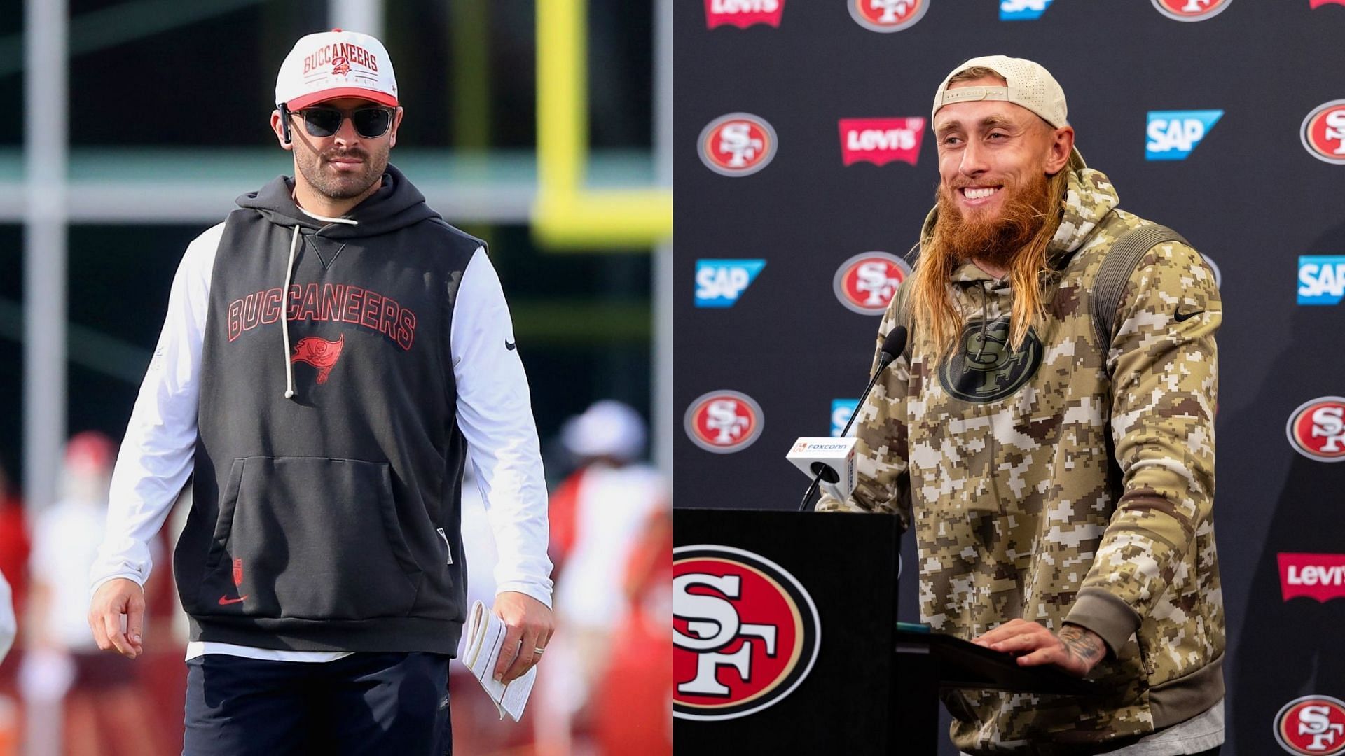 Baker Mayfield reacts to George Kittle announcing a ban on ammonia - via Getty/CMS
