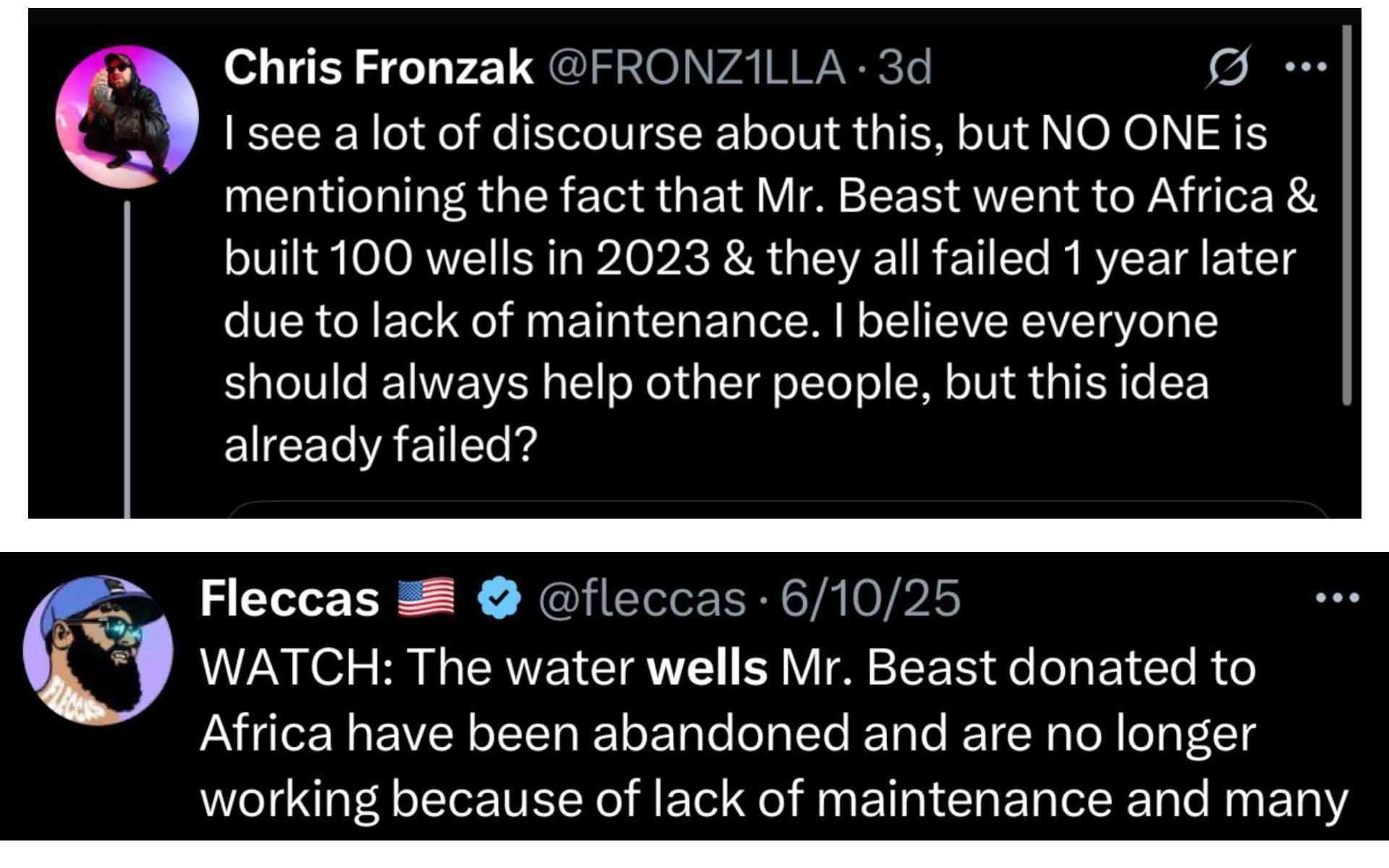 Screenshot of two X users&#039; comments that the YouTuber shared in his social media post, dated August 8, 2025 (Image via x.com/MrBeast)