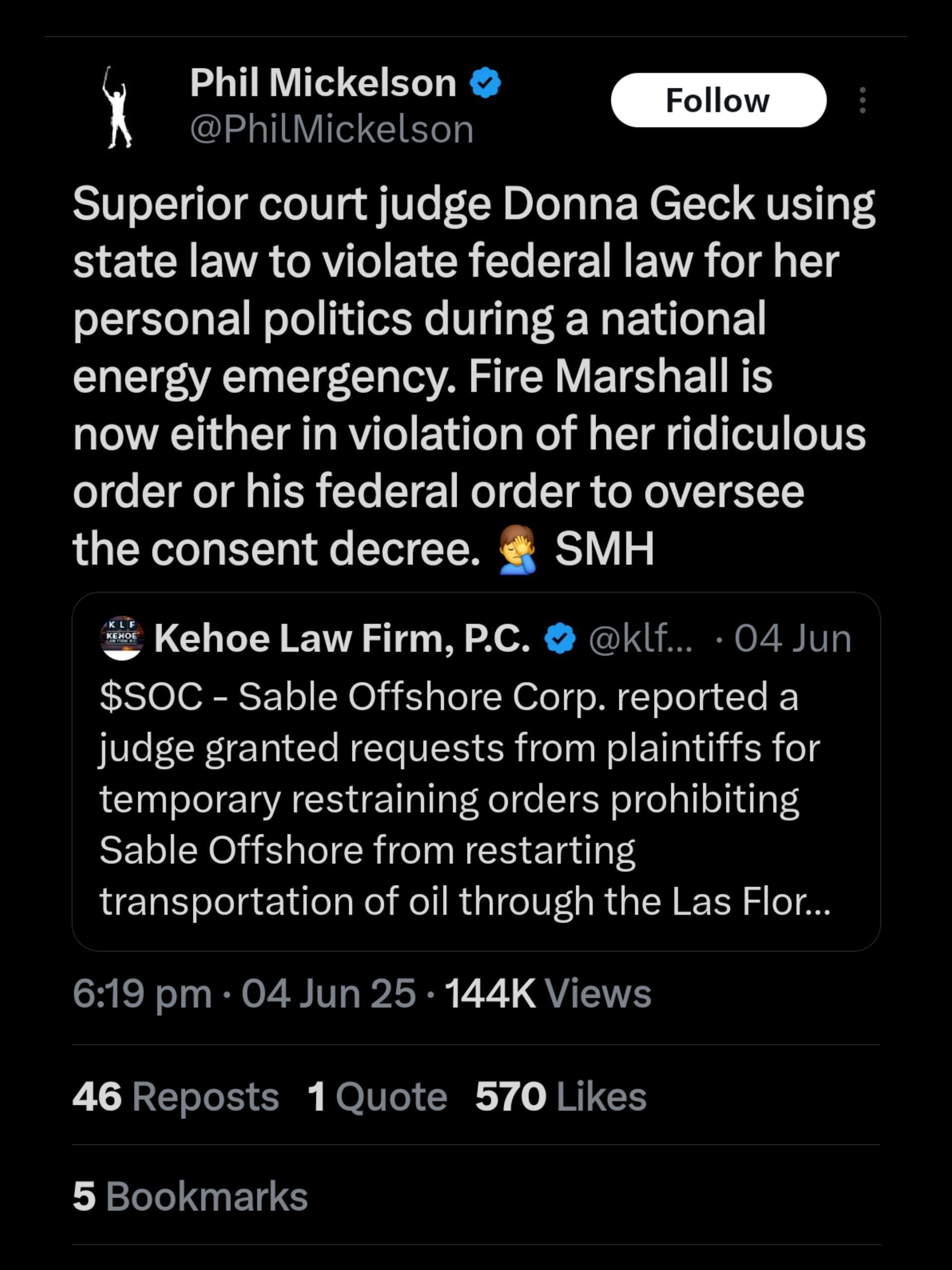 Screenshot from Mickelson&#039;s tweet on Sable Offshore&#039;s ruling / @PhilMickelson on X