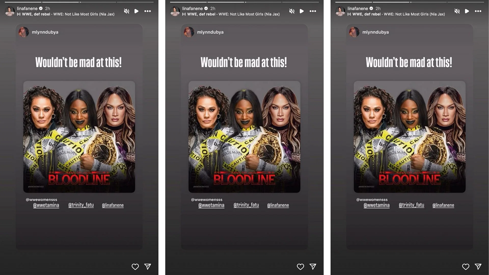 Jax reposted a fan&#039;s suggestion for a female version of The Bloodline. [Image credit: Nia Jax on Instagram]