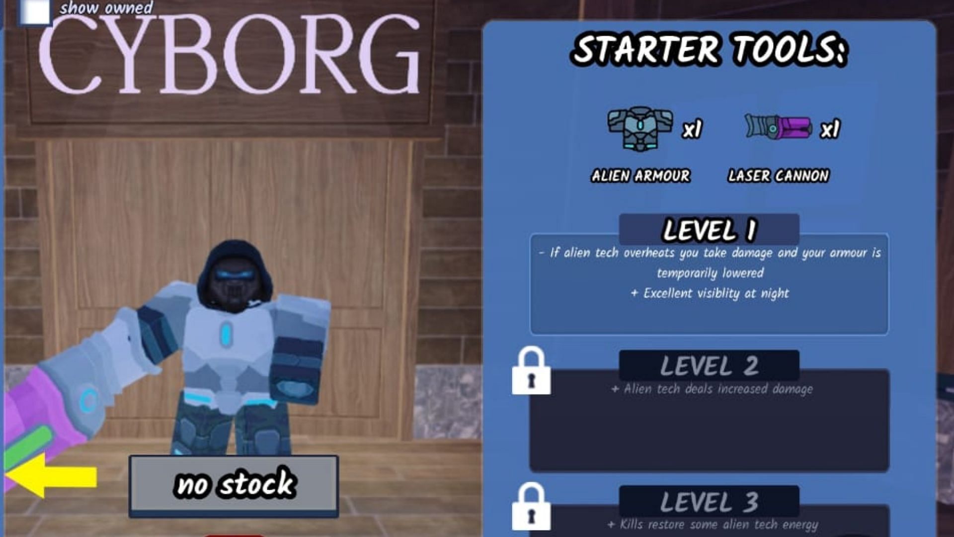 Cyborg gives you an Alien Armour and Laser Cannon (Image via Roblox)