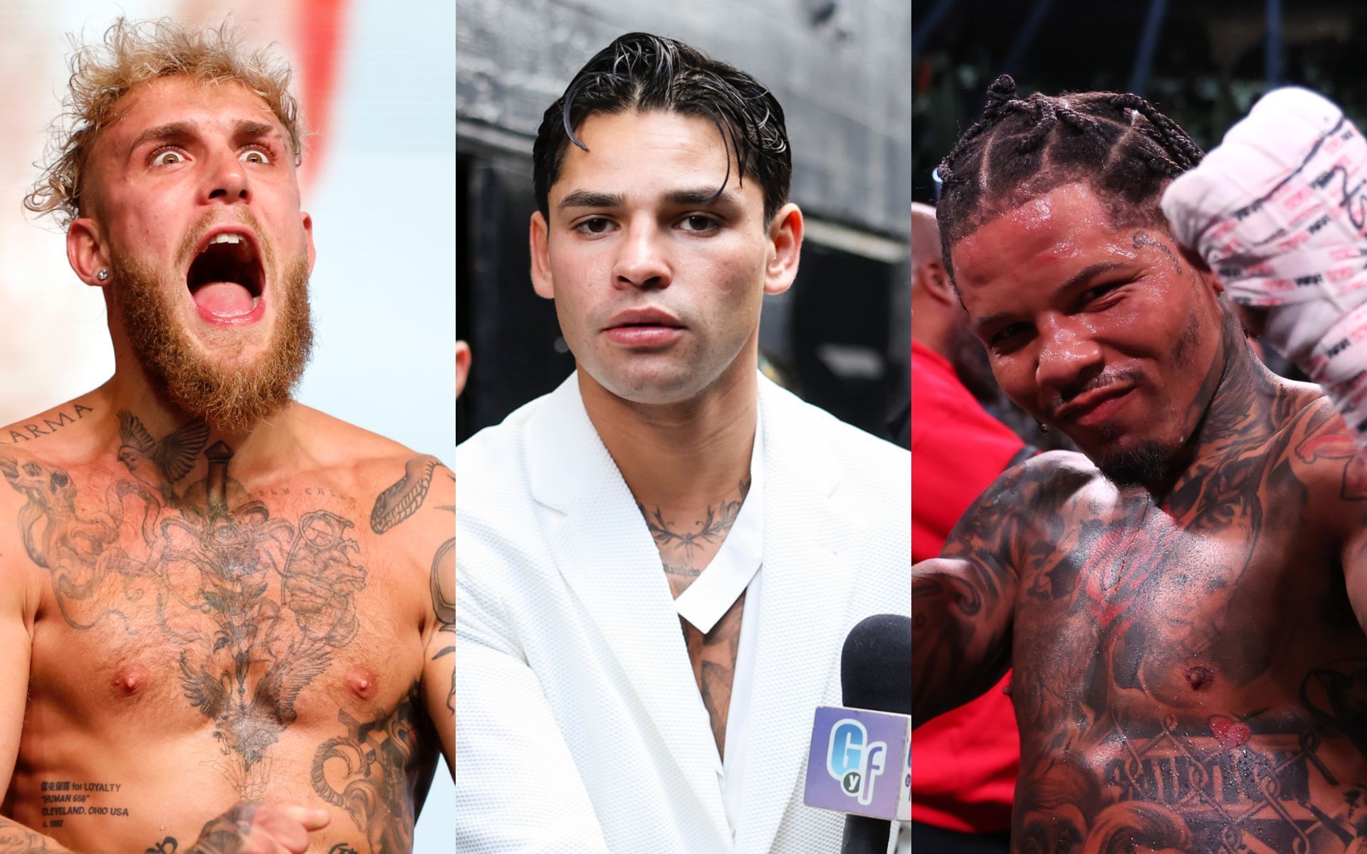 Ryan Garcia (middle) reacts to Gervonta Davis (right) vs. Jake Paul (left) fight news. [Image courtesy: Getty Images]